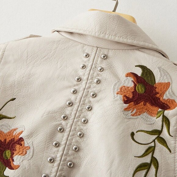 Off White Floral Embroidered Studded Faux Leather Jacket Moto Bomber Jacket Coat - Picture 8 of 10